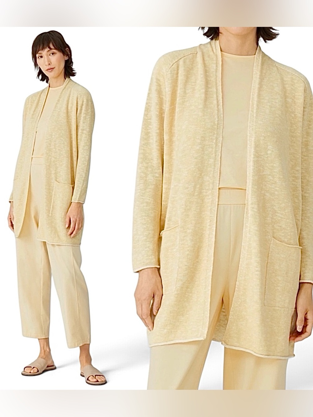 Eileen Fisher Organic Linen Cardigan Butter Yellow Lightweight Open Sweater Sz M